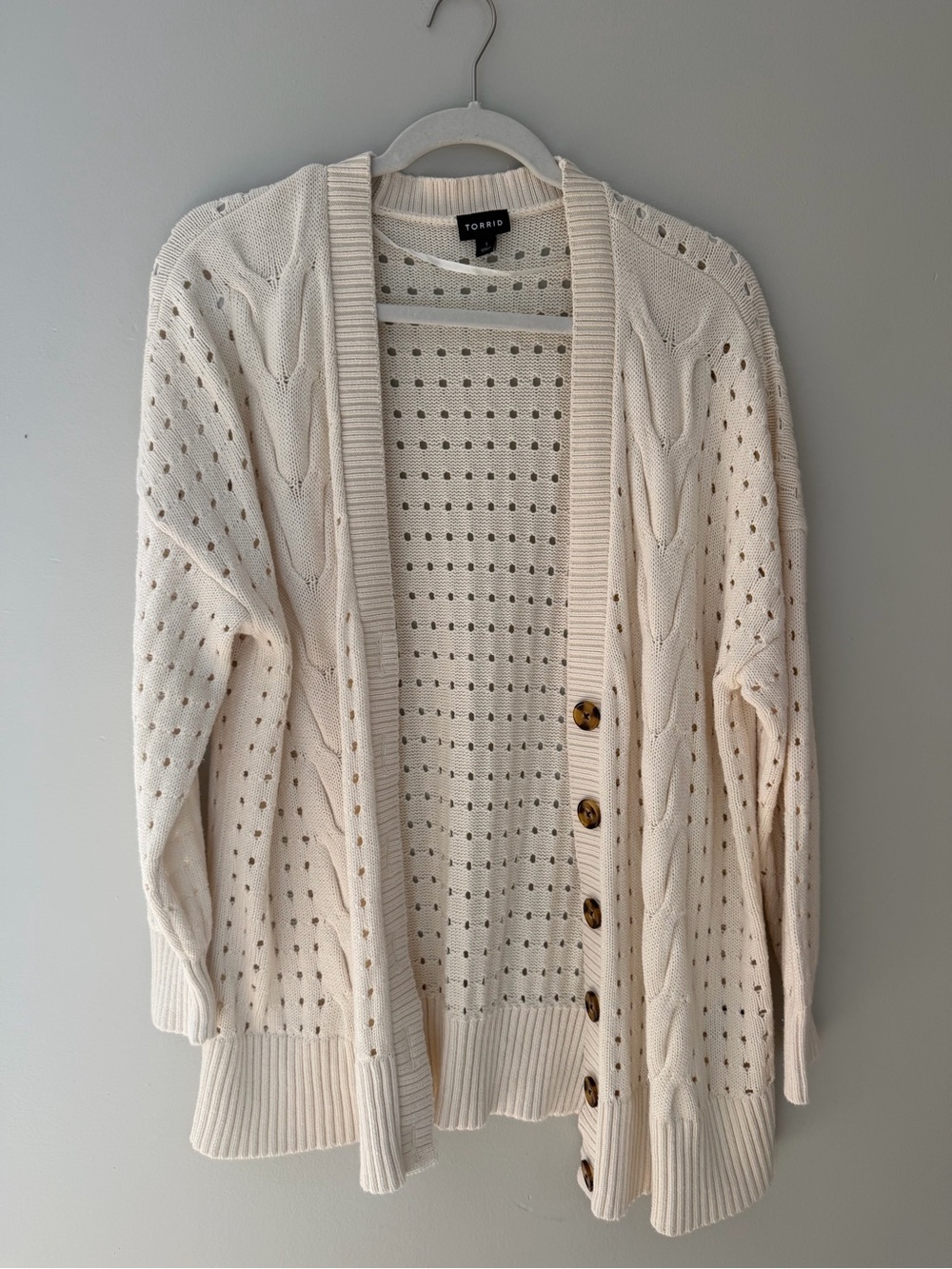 torrid Cream Open-Front Cable & Eyelet Cardigan